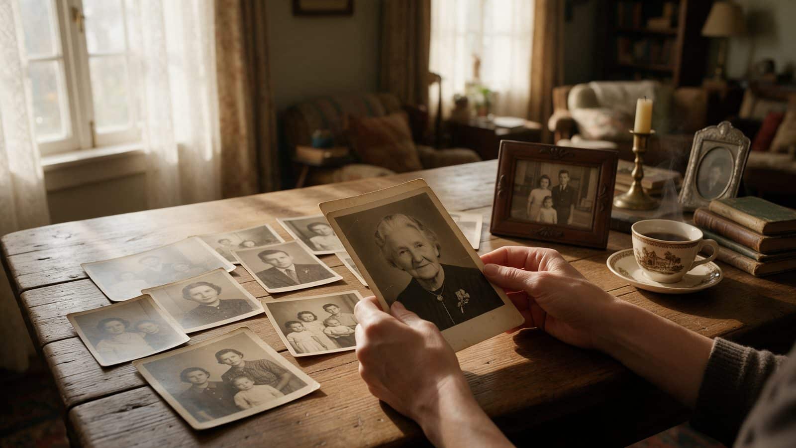 Handen die een oude foto van een grootmoeder vasthouden tussen familiefoto's van meerdere generaties