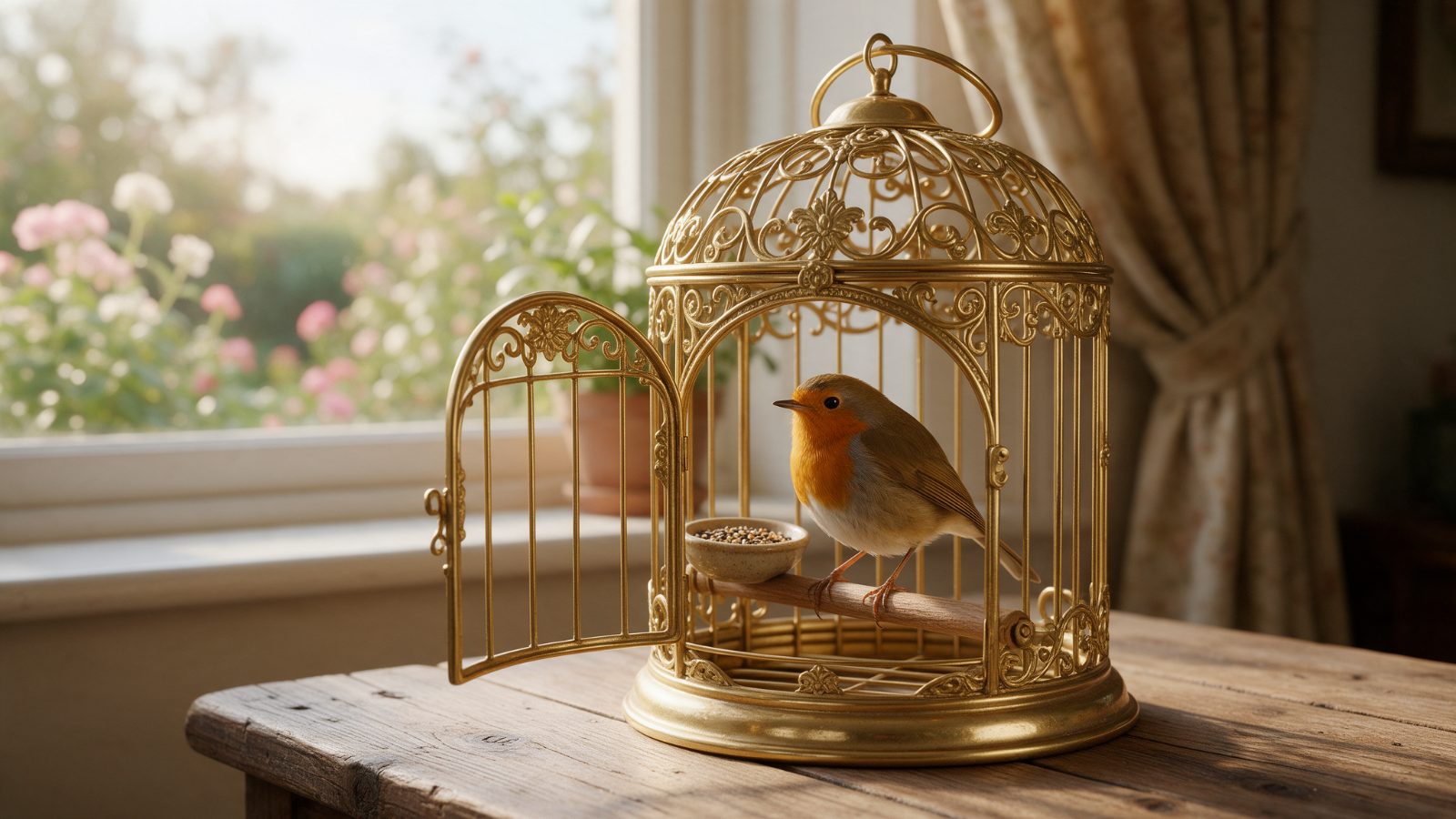 Vogel op een stokje in een gouden kooi met open deur
